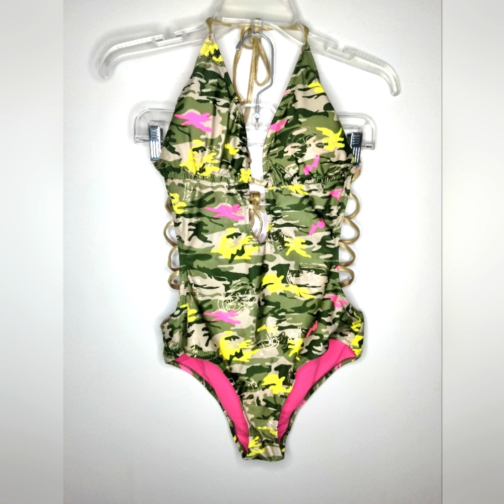 Eckored (Size L) Multicolored Camo & Pink Open Back Cutout Sides (1PC) Swimsuit